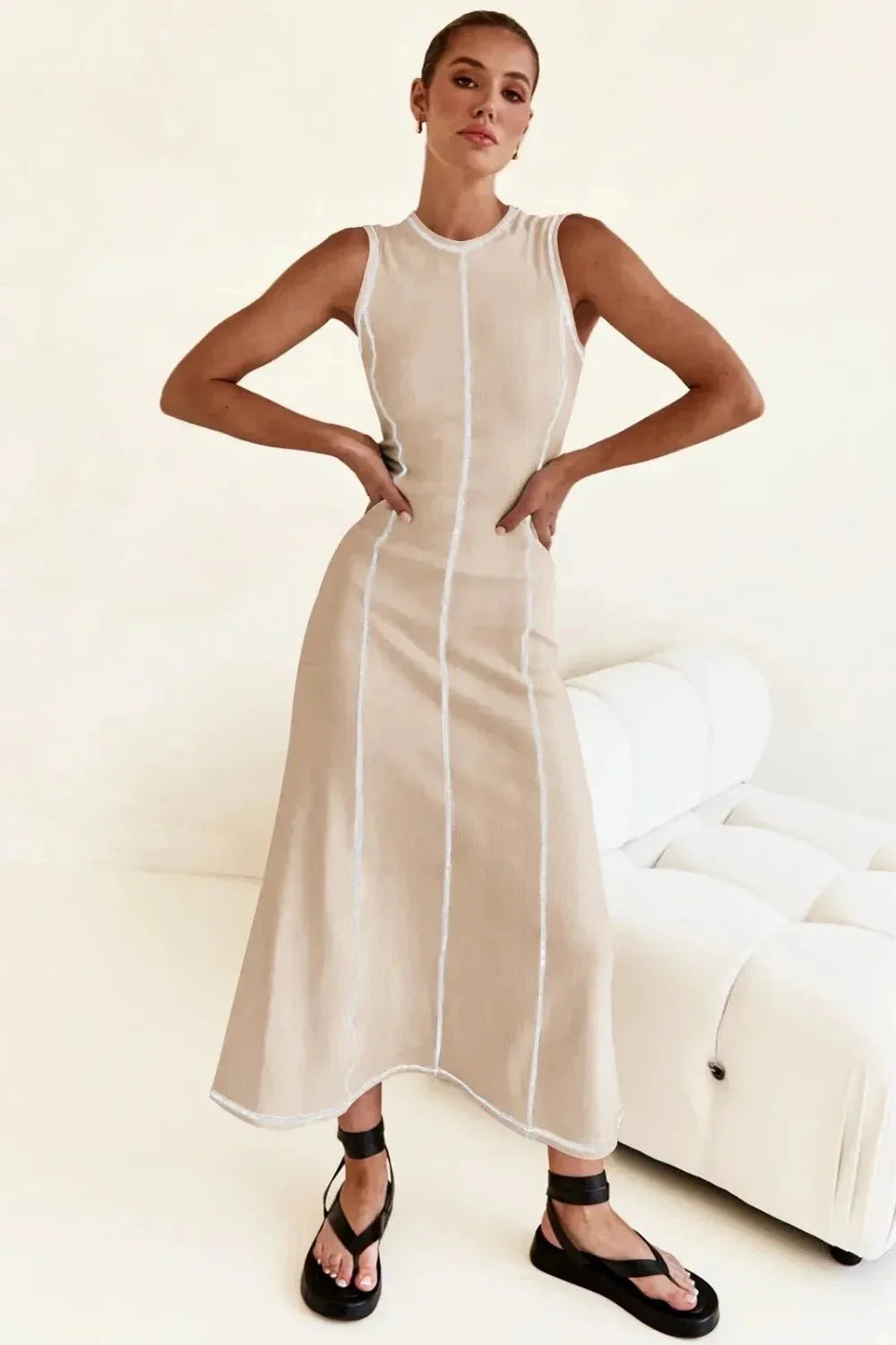 Contrast Stitching Maxi Tank Dress - VILLA FASHION